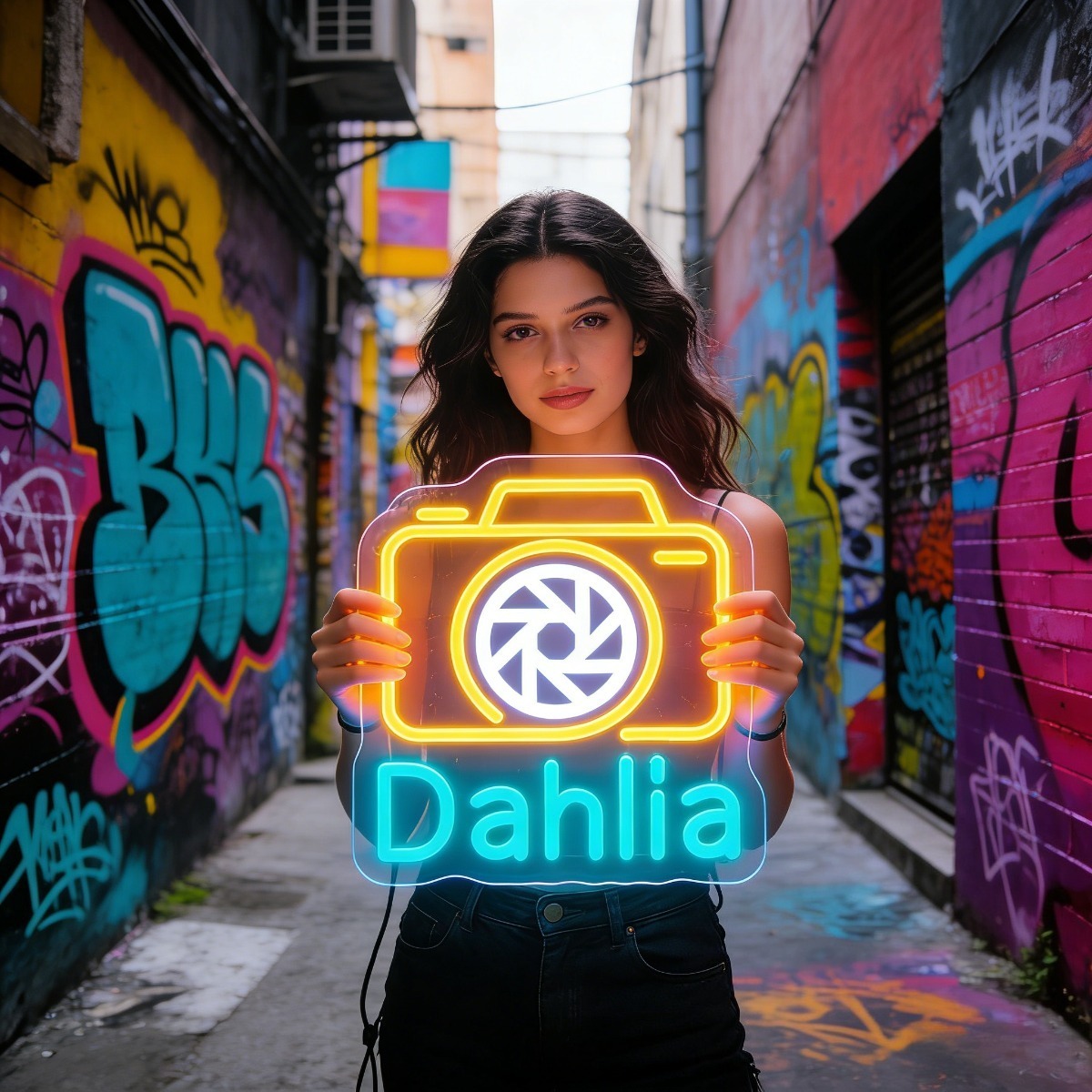 Vintage Photography Lighting - Letreiro de Neon Colorido Dahlia Camera,